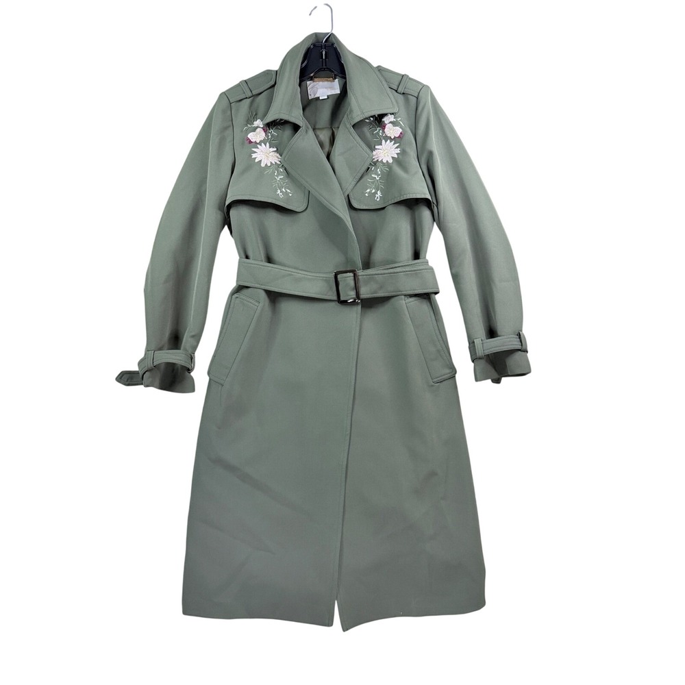 Vero Moda Trench Coat Womens 160/80A Olive Green Good Floral Embroidered Belted‎